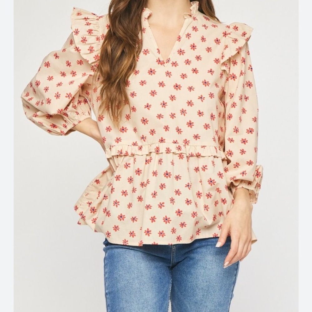 NEW red daisy ruffle floral puff sleeve blouse